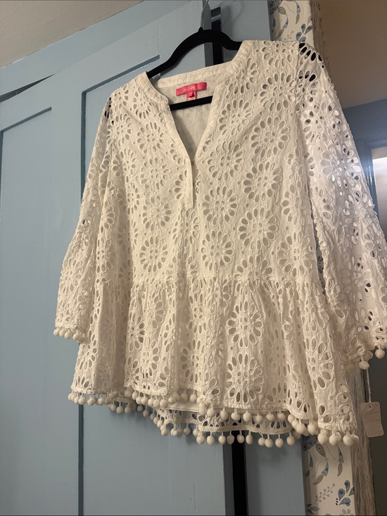 Lilly Pulitzer Tops - Lilly Pulitzer White Eyelet Tunic with Pom-Pom Trim